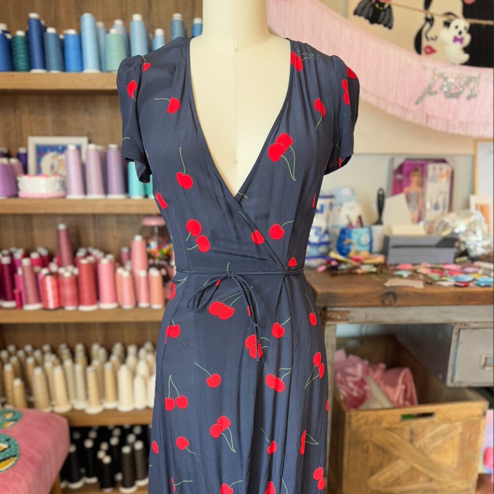 Realisation Par Cherry Print Teale Wrap Dress XS